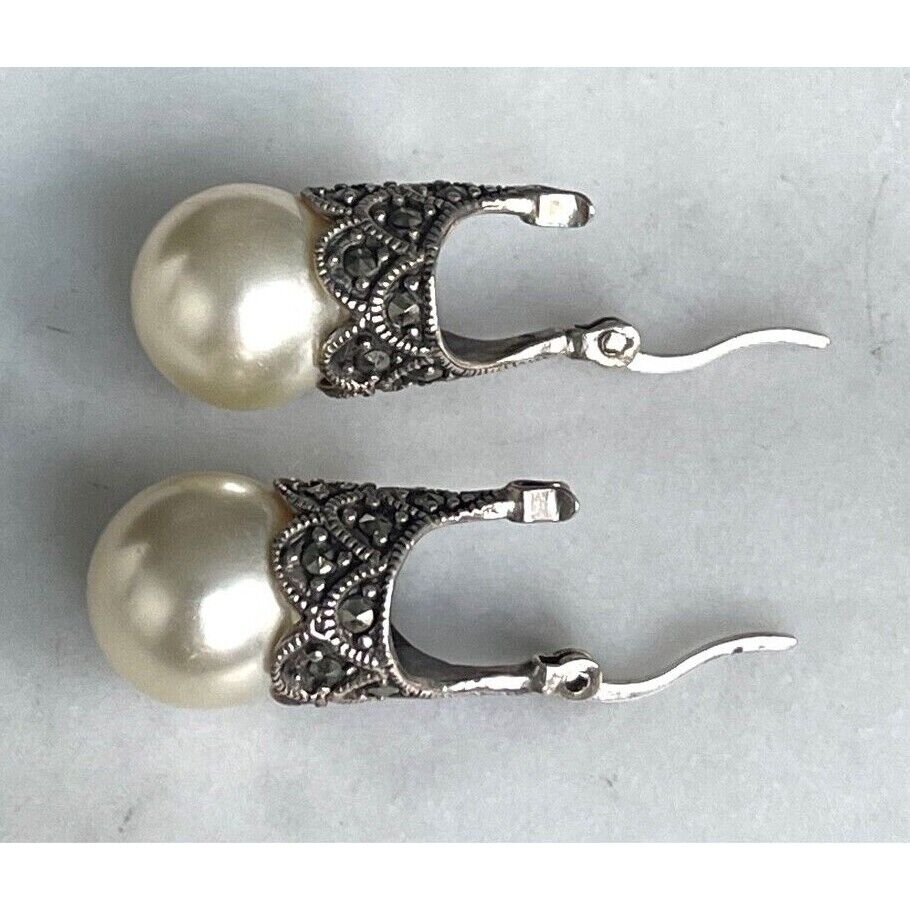 925 STERLING SILVER LAB-CREATED PEARLS AND MARCASITES EARRINGS SKY