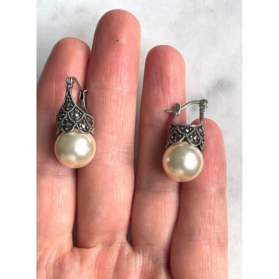 925 STERLING SILVER LAB-CREATED PEARLS AND MARCASITES EARRINGS SKY