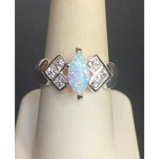 925 STERLING SILVER FAUX OPAL AND CZ COCKTAIL RING SIZE 8 SKY