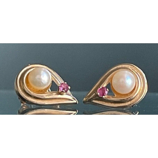 14K YELLOW GOLD PEARL AND PINK TOPAZ STUD EARRINGS SKY