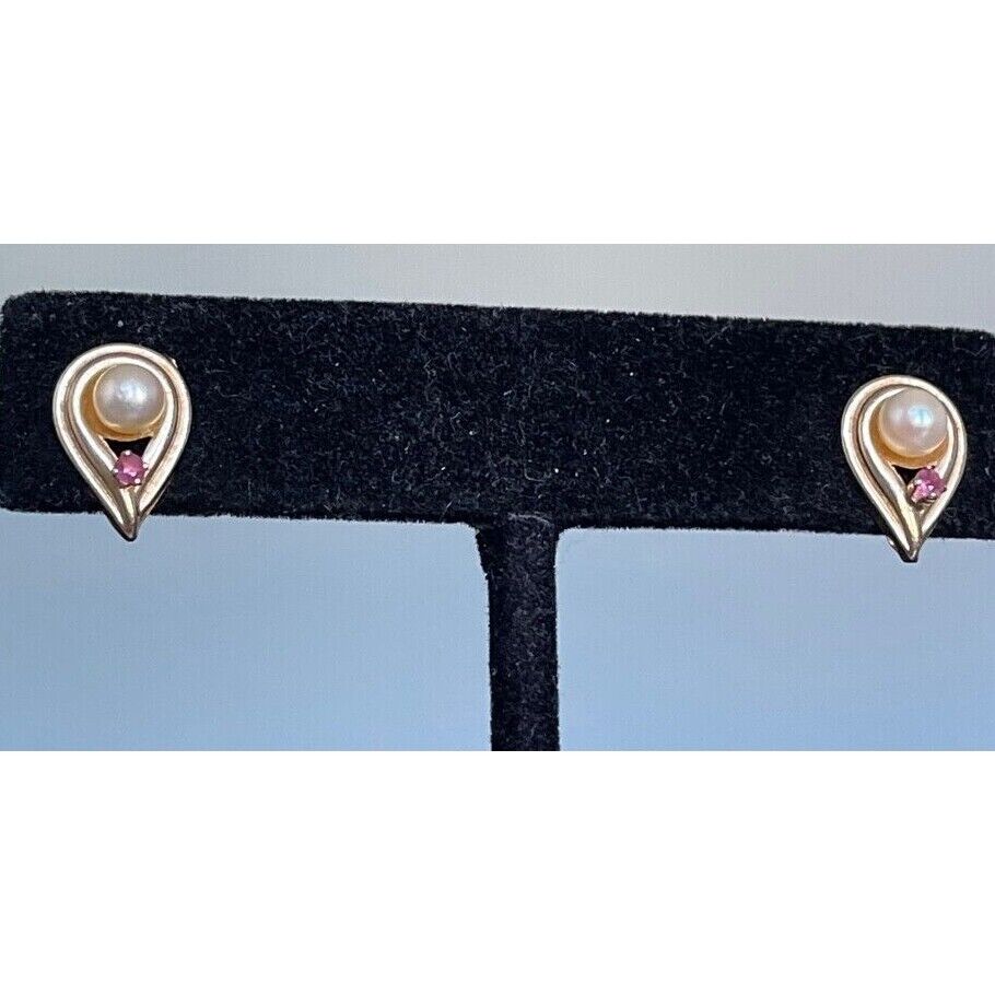 14K YELLOW GOLD PEARL AND PINK TOPAZ STUD EARRINGS SKY