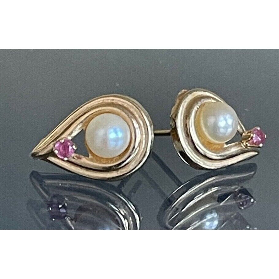 14K YELLOW GOLD PEARL AND PINK TOPAZ STUD EARRINGS SKY