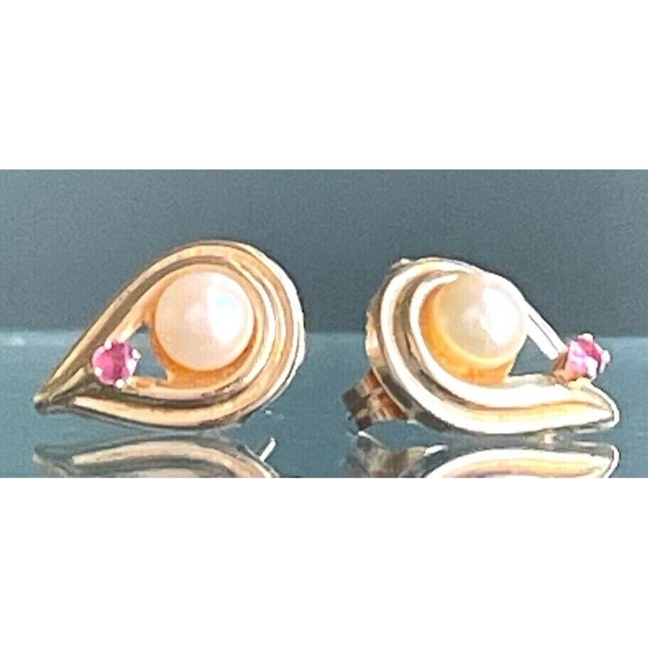 14K YELLOW GOLD PEARL AND PINK TOPAZ STUD EARRINGS SKY