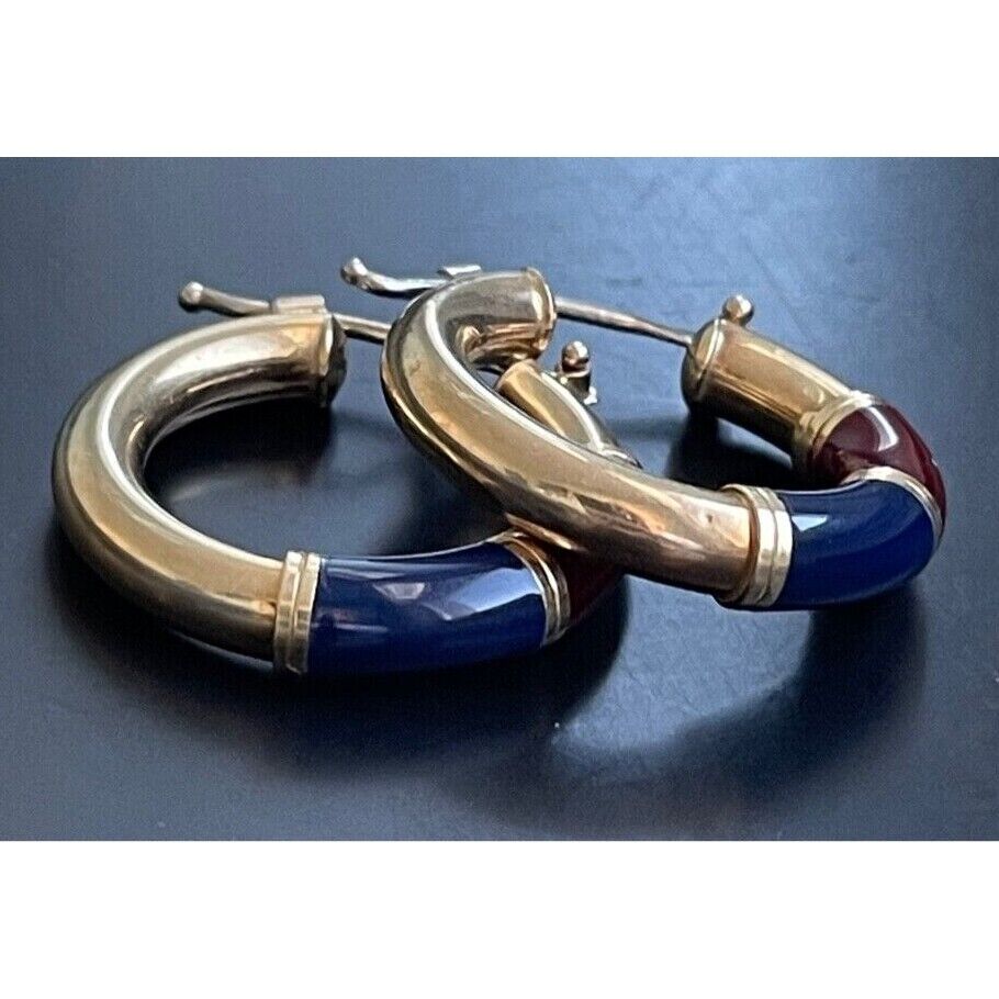 ITALIAN 14K YELLOW GOLD  AND ENAMEL HOOP EARRINGS SKY