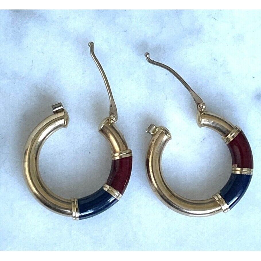 ITALIAN 14K YELLOW GOLD  AND ENAMEL HOOP EARRINGS SKY