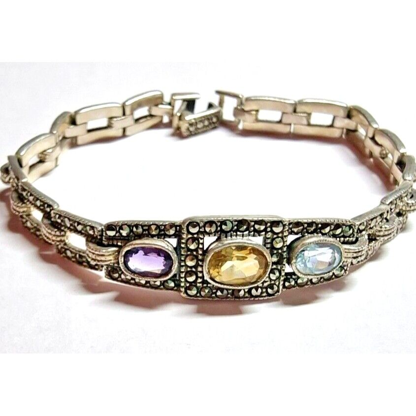 925 STERLING SILVER MULTI GEMSTONE AND MARCASITES BRACELET SKY