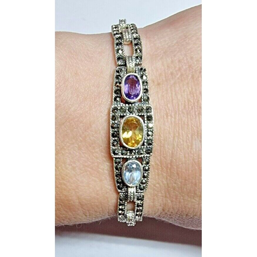 925 STERLING SILVER MULTI GEMSTONE AND MARCASITES BRACELET SKY