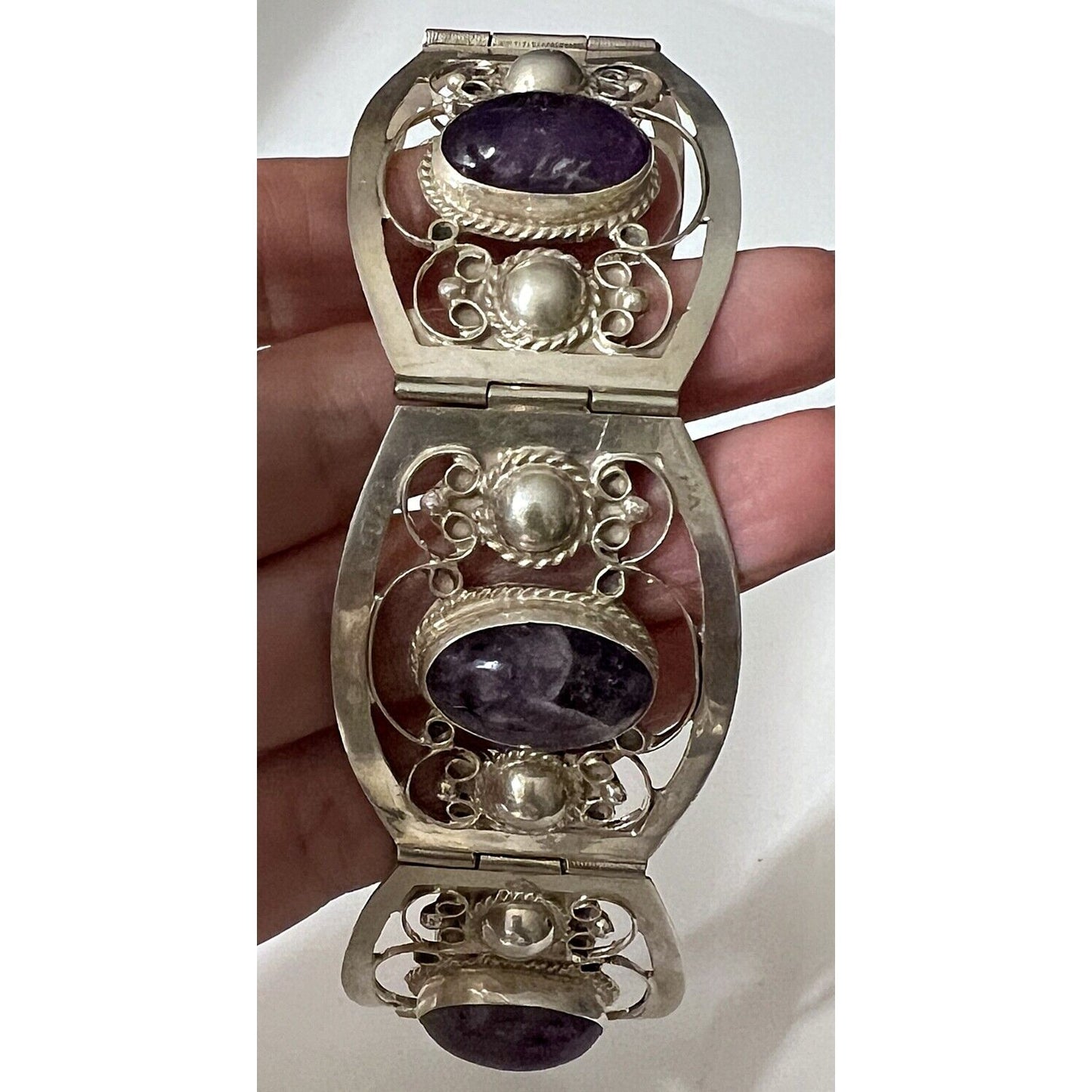 LARGE ORNATE 925 STERLING SILVER AMETHYST BRACELET SKY