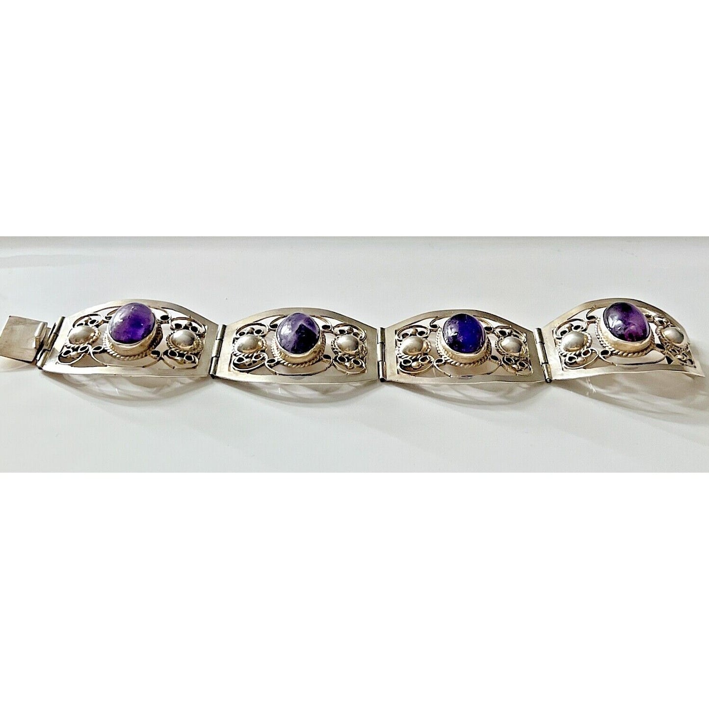 LARGE ORNATE 925 STERLING SILVER AMETHYST BRACELET SKY