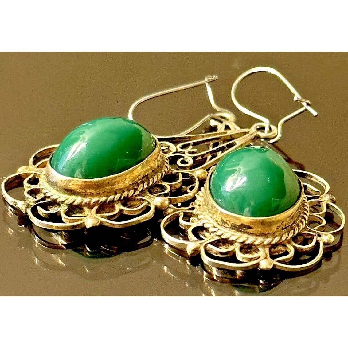 925 STERLING SILVER AND GREEN JADE LACY EARRINGS SKY