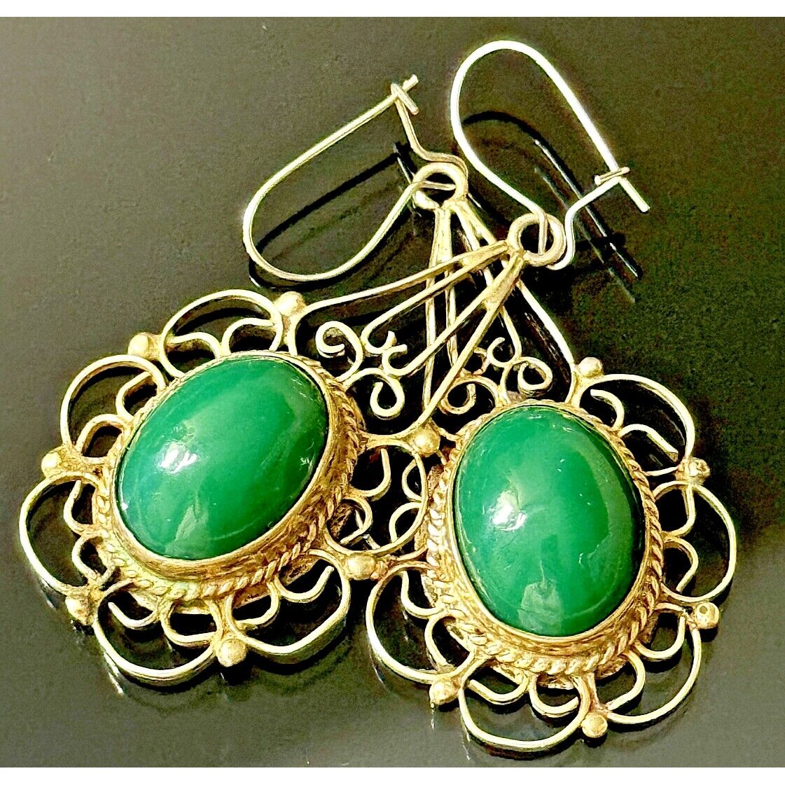 925 STERLING SILVER AND GREEN JADE LACY EARRINGS SKY