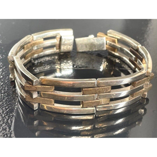 HEAVY MEN'S VINTAGE TAXCO 925 STERLING SILVER & BRASS BRACELET SKY