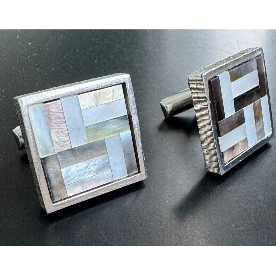 925 STERLING SILVER ABSTRACT DESIGN ABALONE AND MOTHER OF PEARL CUFFLINKS SKY