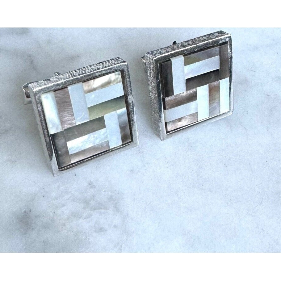 925 STERLING SILVER ABSTRACT DESIGN ABALONE AND MOTHER OF PEARL CUFFLINKS SKY