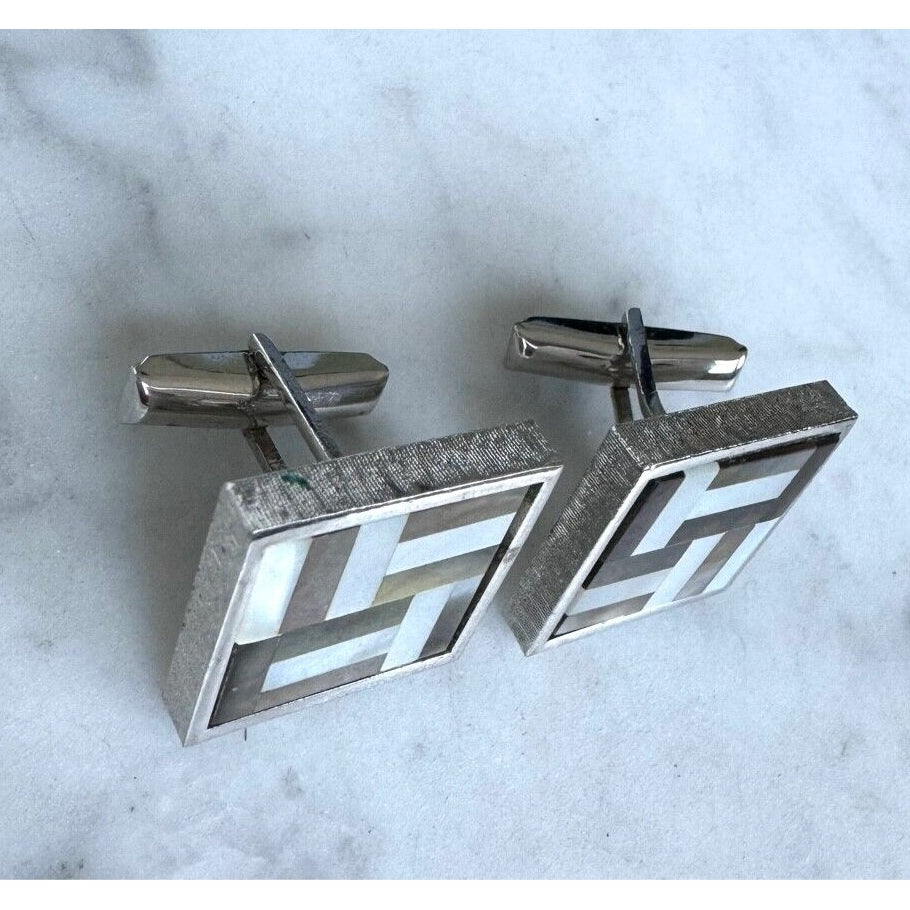 925 STERLING SILVER ABSTRACT DESIGN ABALONE AND MOTHER OF PEARL CUFFLINKS SKY