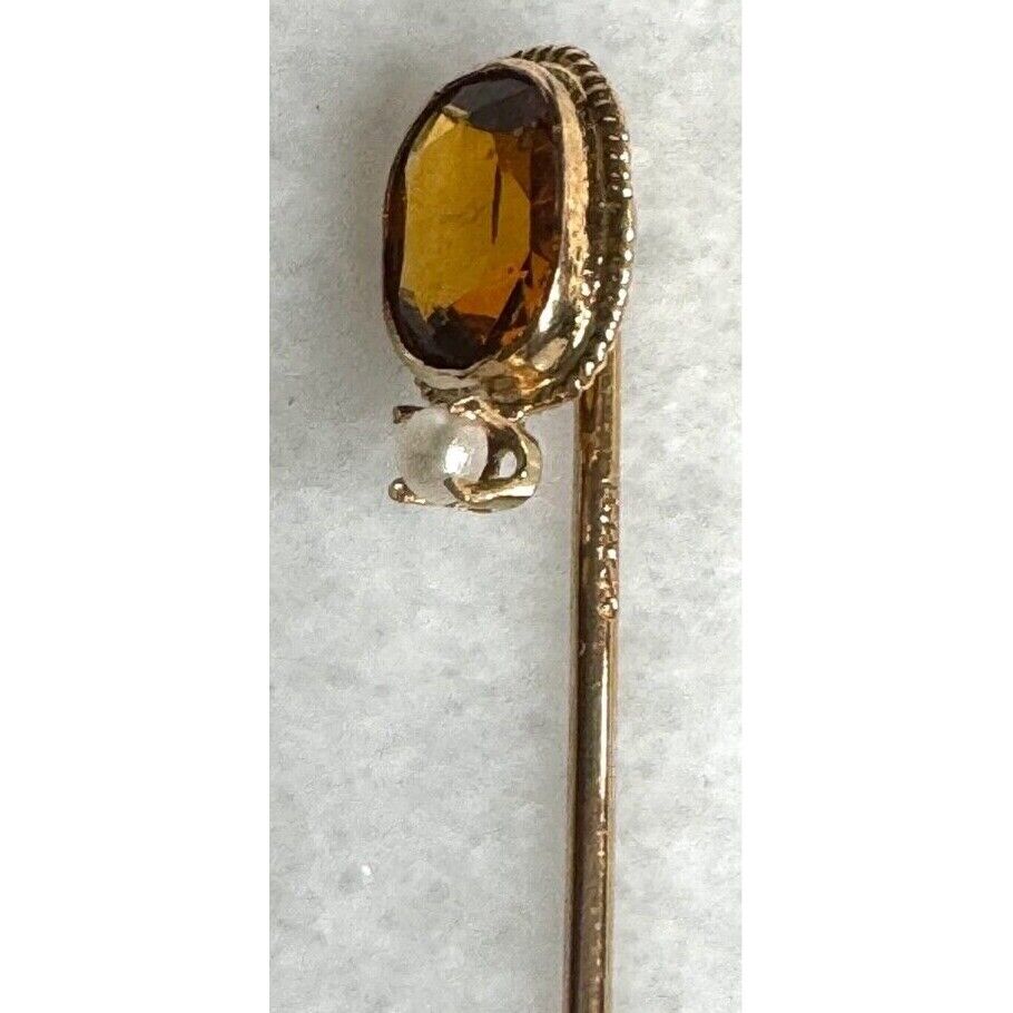 ART DECO ERA YELLOW GOLD  GOLDEN CZ AND NATURAL SEEDPEARL STICK PIN SKY