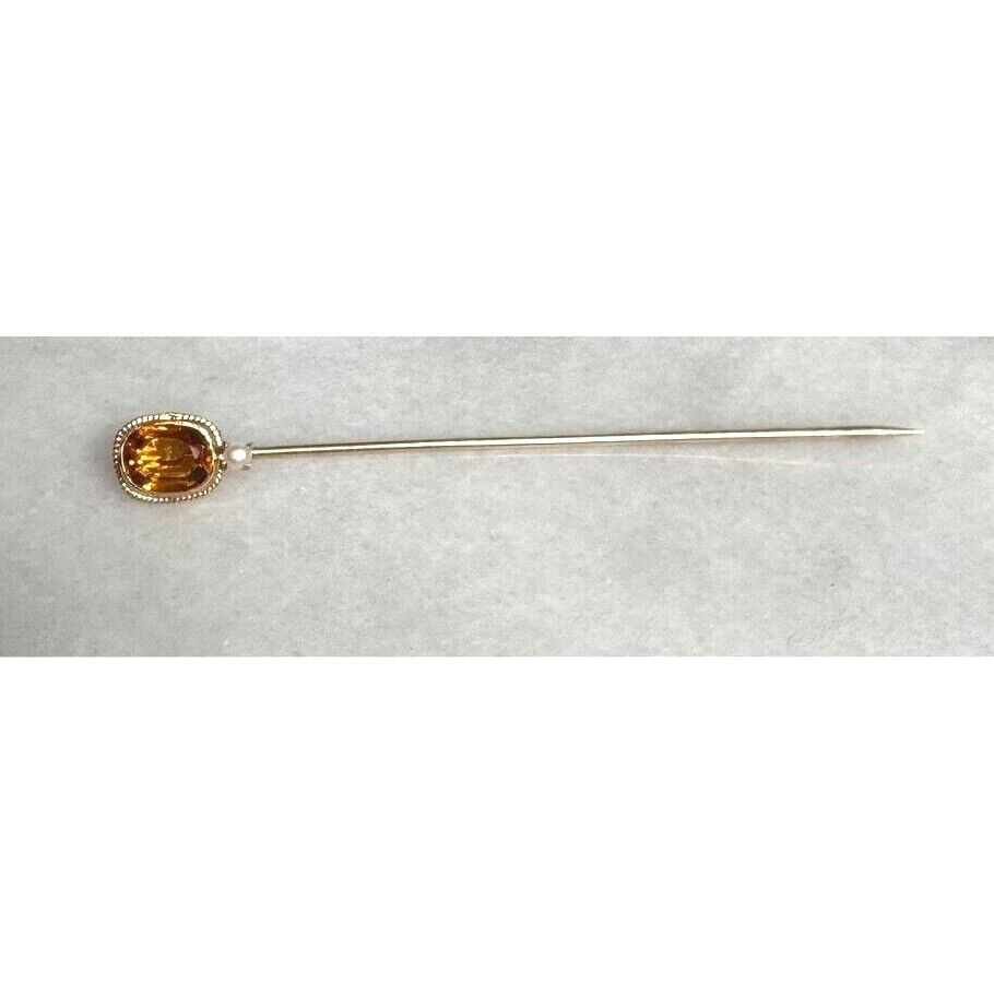 ART DECO ERA YELLOW GOLD  GOLDEN CZ AND NATURAL SEEDPEARL STICK PIN SKY