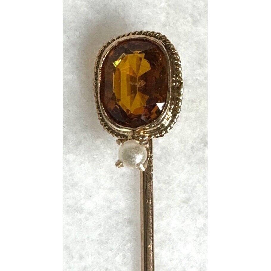 ART DECO ERA YELLOW GOLD  GOLDEN CZ AND NATURAL SEEDPEARL STICK PIN SKY