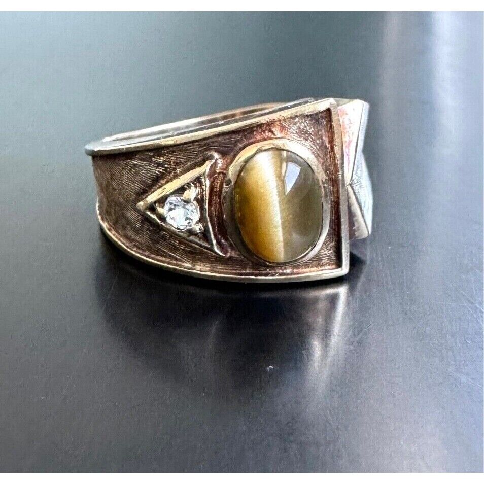 DASON MENS YELLOW GOLD  AND TIGER'S EYE AND AQUAMARINE RING SIZE 9.75 SKY