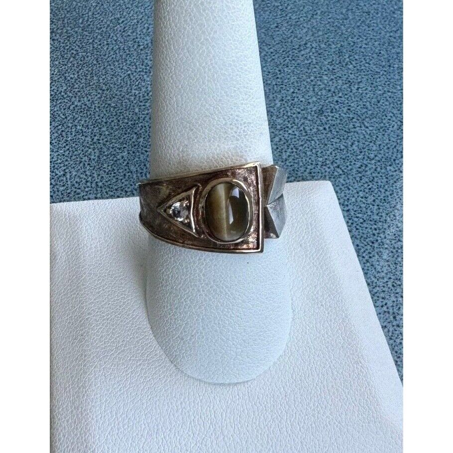 DASON MENS YELLOW GOLD  AND TIGER'S EYE AND AQUAMARINE RING SIZE 9.75 SKY