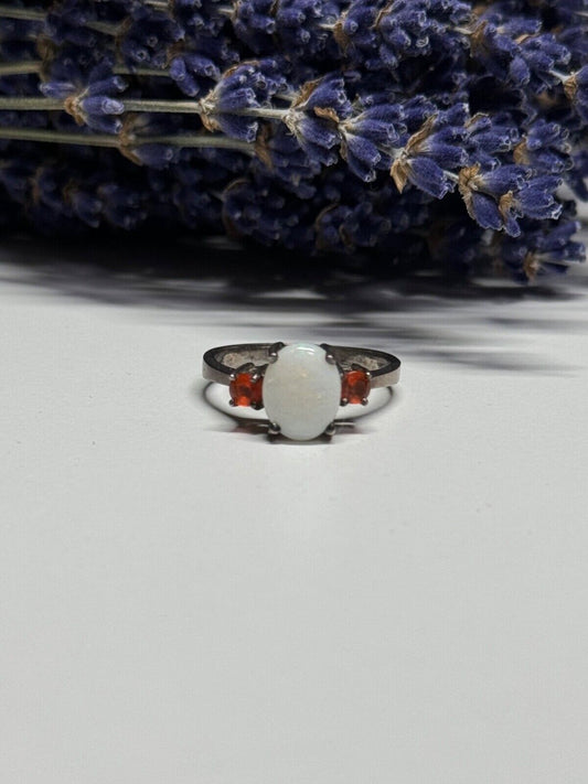 925 STERLING SILVER OPAL & HESSONITE RING SIZE 8