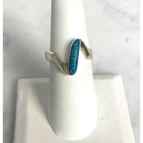 TAXCO 925 STERLING SILVER AND TURQUOISE ZIGZAG RING SIZE 7.5 SKY