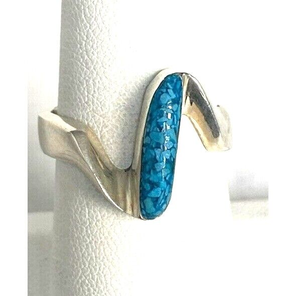 TAXCO 925 STERLING SILVER AND TURQUOISE ZIGZAG RING SIZE 7.5 SKY