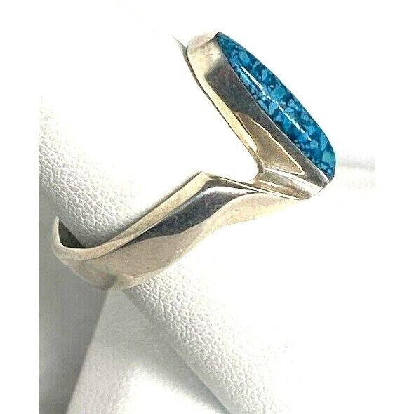 TAXCO 925 STERLING SILVER AND TURQUOISE ZIGZAG RING SIZE 7.5 SKY