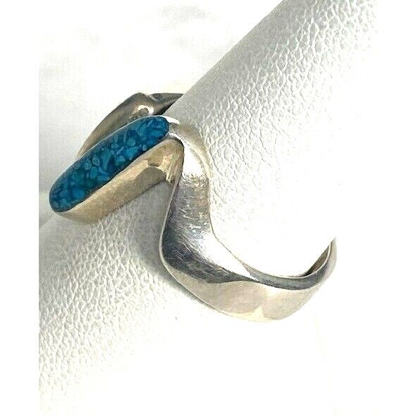 TAXCO 925 STERLING SILVER AND TURQUOISE ZIGZAG RING SIZE 7.5 SKY