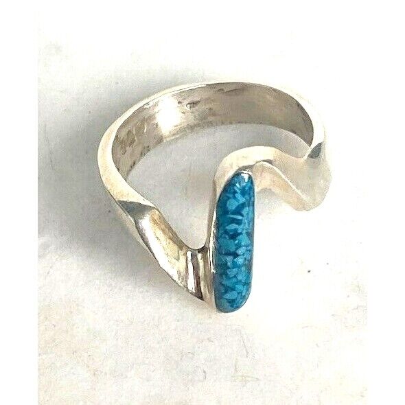 TAXCO 925 STERLING SILVER AND TURQUOISE ZIGZAG RING SIZE 7.5 SKY