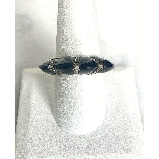 925 STERLING SILVER ONYX AND MARCASITES FAN DESIGN RING SIZE 8.75 SKY