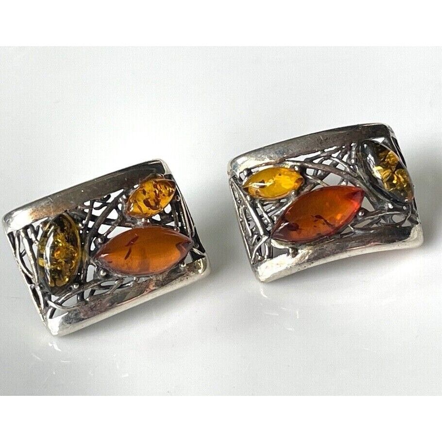 PIERSED DESIGN 925 STERLING SILVER  AND AMBER EARRINGS SKY