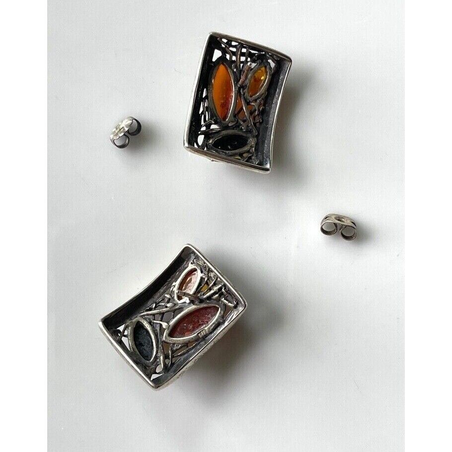 PIERSED DESIGN 925 STERLING SILVER  AND AMBER EARRINGS SKY