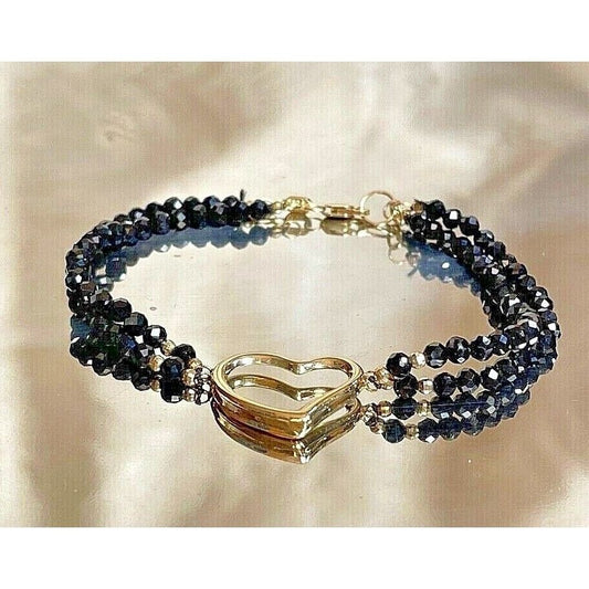 HANA 14K YELLOW GOLD & BLACK FACETED CRYSTAL BEADS HEART BRACELET SKY