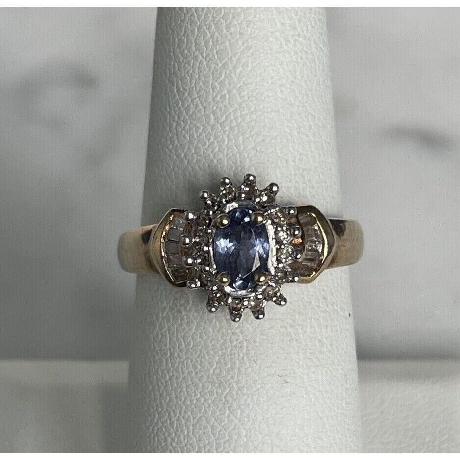 YELLOW GOLD TANZANITE AND DIAMOND RING SIZE 7.25 SKY