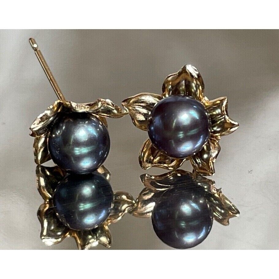 14K YELLOW GOLD  & BLACK PEARLS STUD EARRINGS SKY