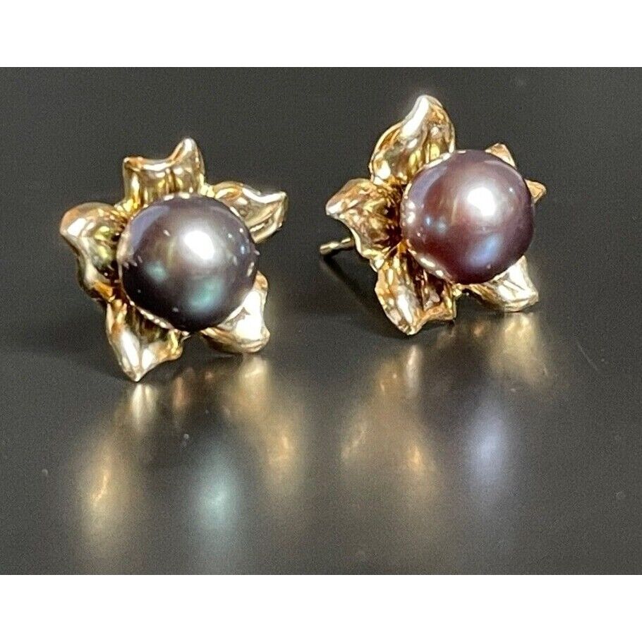 14K YELLOW GOLD  & BLACK PEARLS STUD EARRINGS SKY