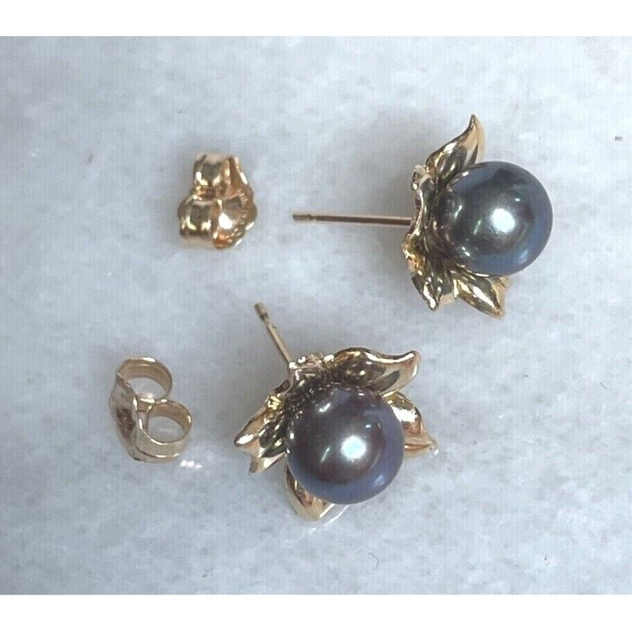 14K YELLOW GOLD  & BLACK PEARLS STUD EARRINGS SKY