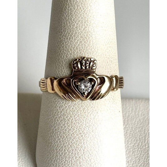 YELLOW GOLD AND CZ IRISH CLADDAGH  RING SIZE 8.75 SKY