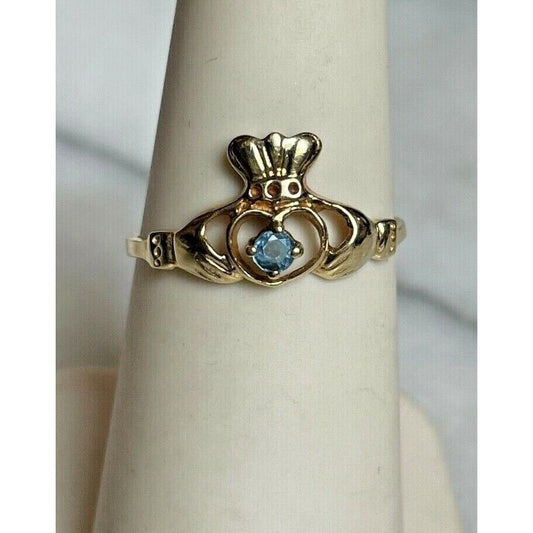 YELLOW GOLD & TOPAZ IRISH CLADDAGH  RING SIZE 3 SKY