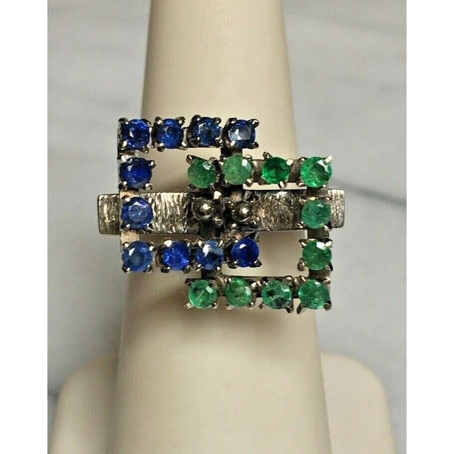 MODERNIST 14K WHITE GOLD EMERALD & SAPPHIRE RING SIZE 5 SKY