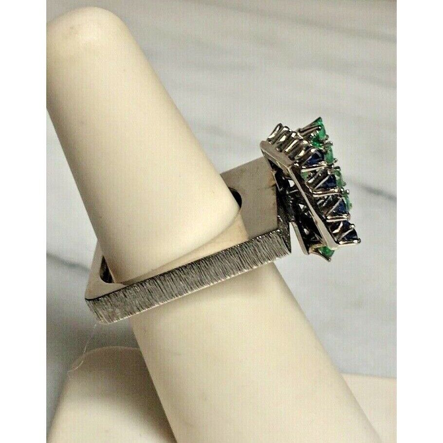 MODERNIST 14K WHITE GOLD EMERALD & SAPPHIRE RING SIZE 5 SKY