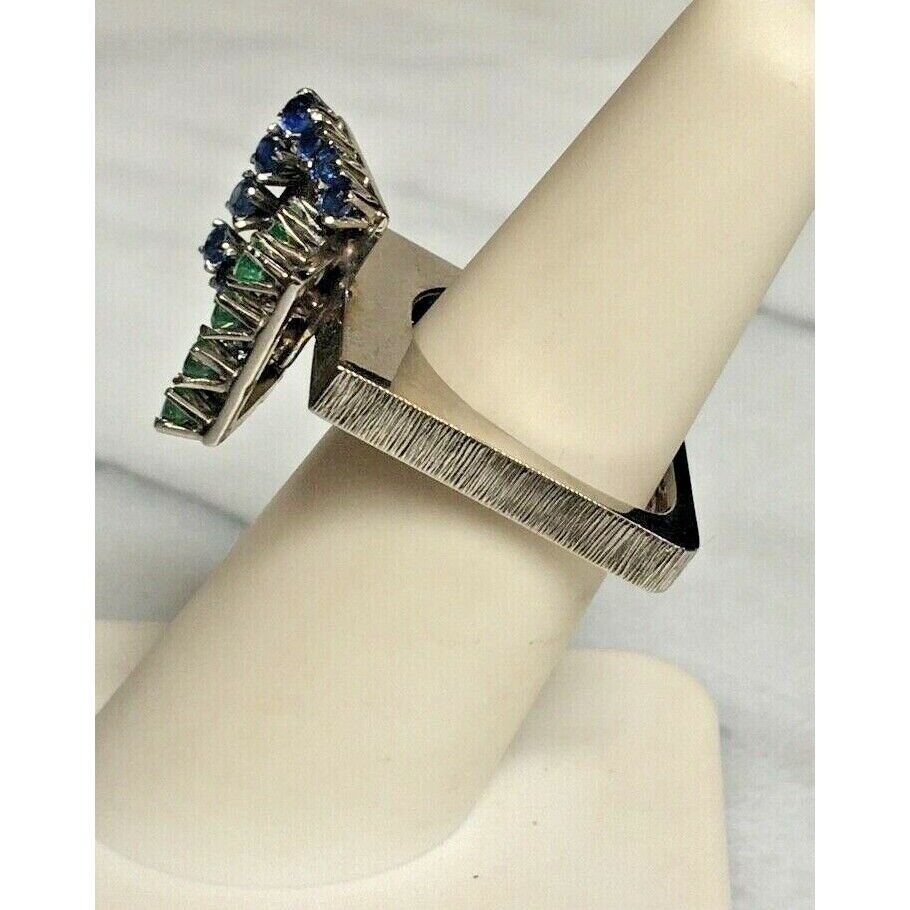 MODERNIST 14K WHITE GOLD EMERALD & SAPPHIRE RING SIZE 5 SKY