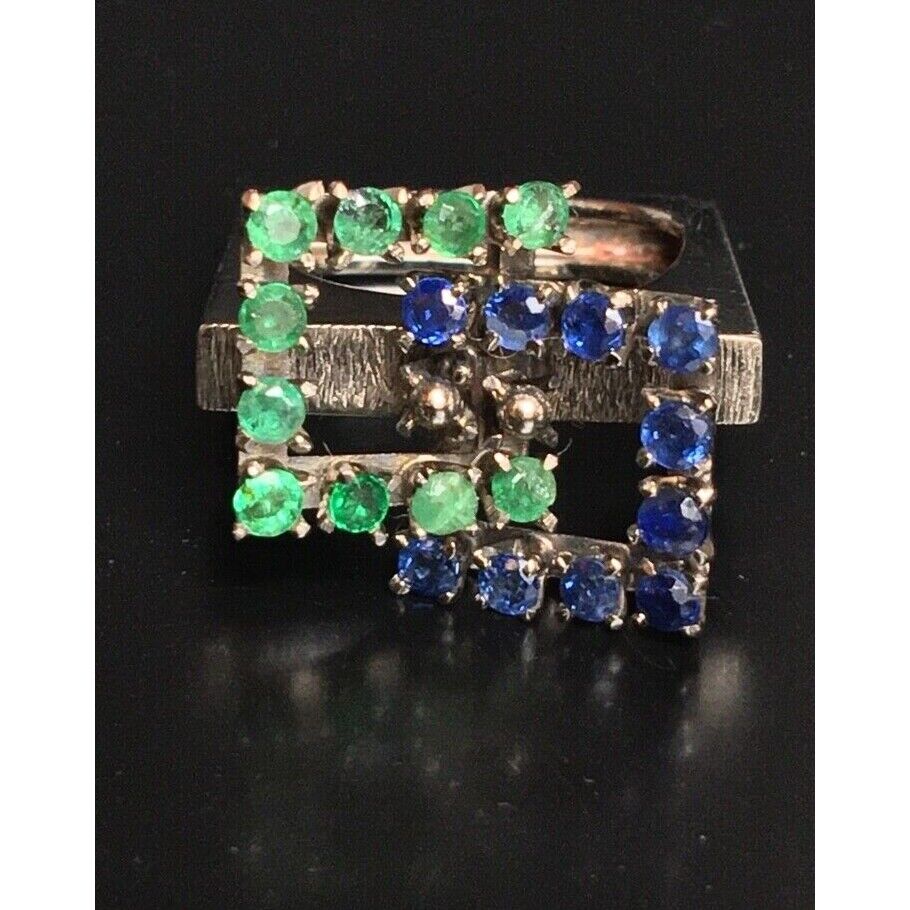 MODERNIST 14K WHITE GOLD EMERALD & SAPPHIRE RING SIZE 5 SKY