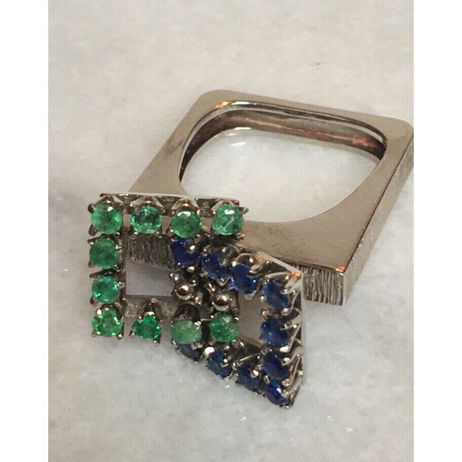 MODERNIST 14K WHITE GOLD EMERALD & SAPPHIRE RING SIZE 5 SKY