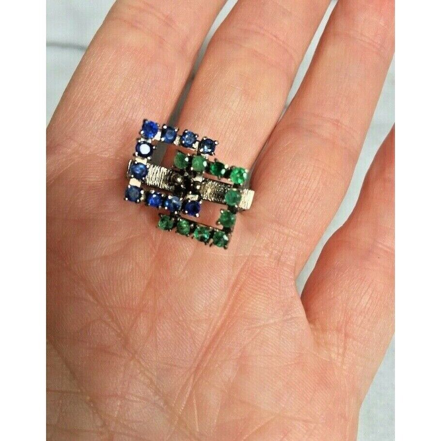 MODERNIST 14K WHITE GOLD EMERALD & SAPPHIRE RING SIZE 5 SKY