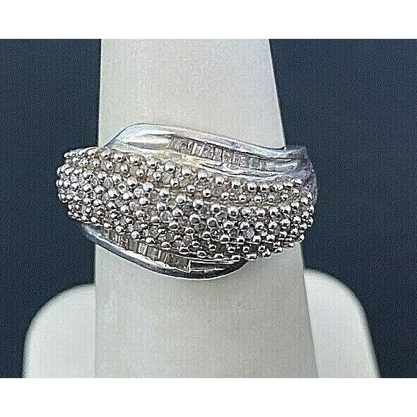 925 STERLING SILVER & 0.5 CARAT DIAMOND WAVY BAND RING SIZE 5.5 SKY