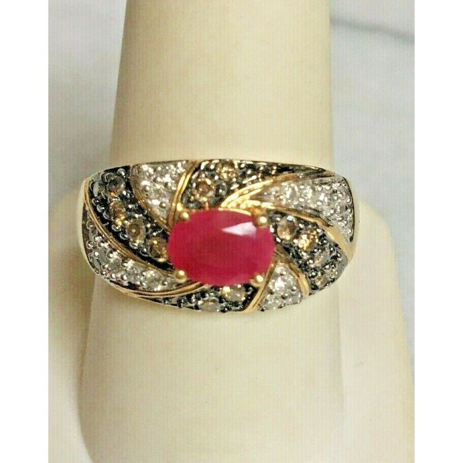 GEMS EN VOGUE 14k YELLOW GOLD CLEAR AND CHOCOLATE DIAMOND & RUBY RING SKY