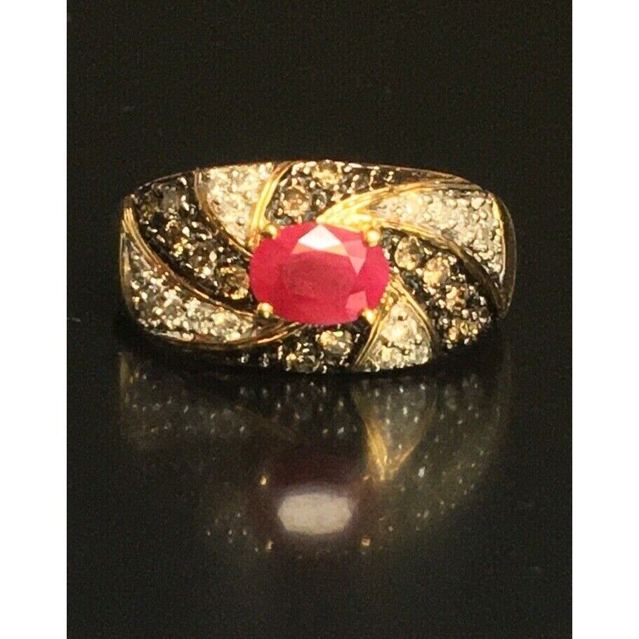 GEMS EN VOGUE 14k YELLOW GOLD CLEAR AND CHOCOLATE DIAMOND & RUBY RING SKY