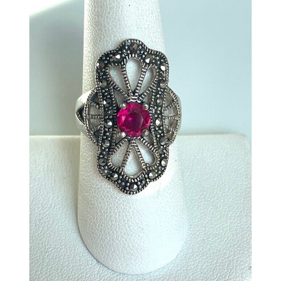 925 STERLING SILVER LAB-CREATED RUBY AND MARCASITES ART DECO STYLE RING SIZE SKY